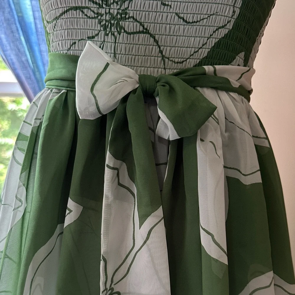 Long Green and White Dress floral dress with a tiered ruffle skirt and sash. - Picture 3 of 7